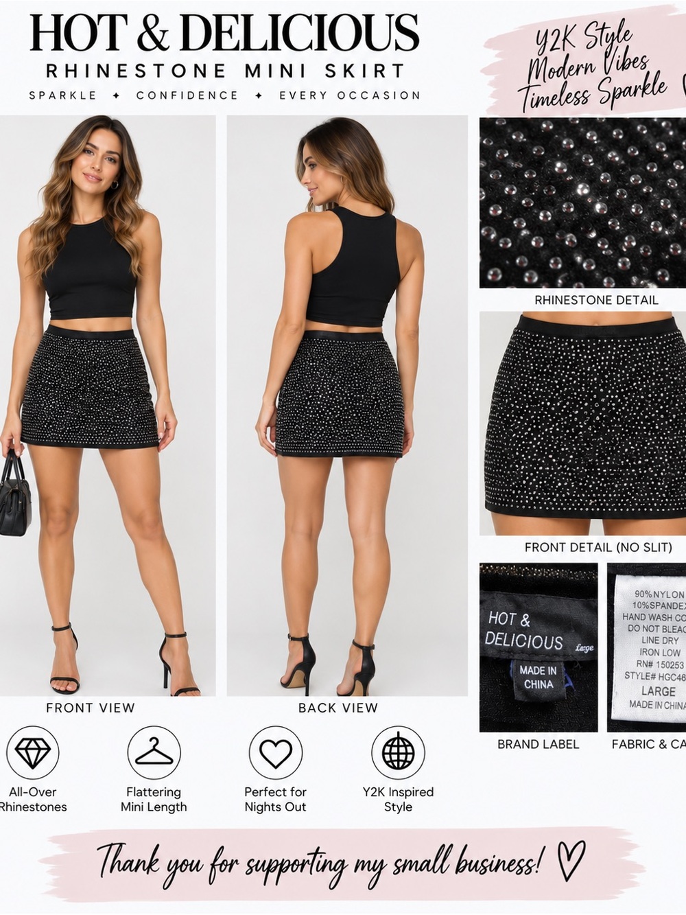 Hot & Delicious Black Rhinestone Mini Skirt Y2K Bodycon Party Club